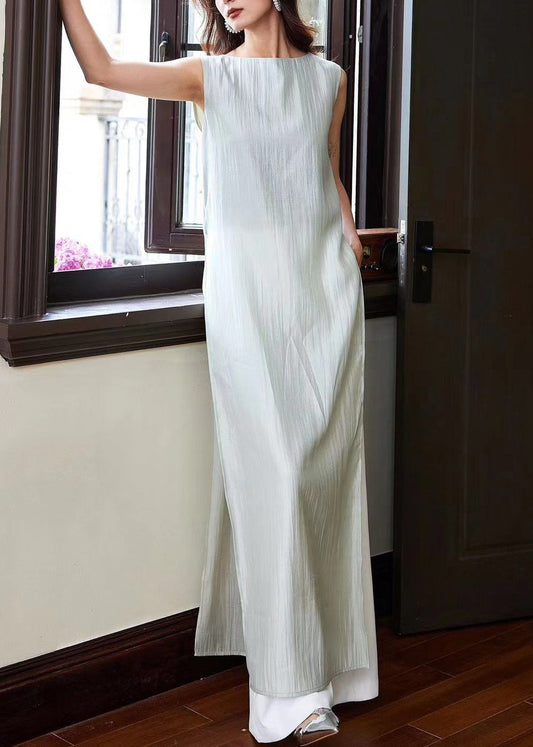 Italian Blue Side Open Tops and White Pants Cotton Two-piece Set Sleeveless