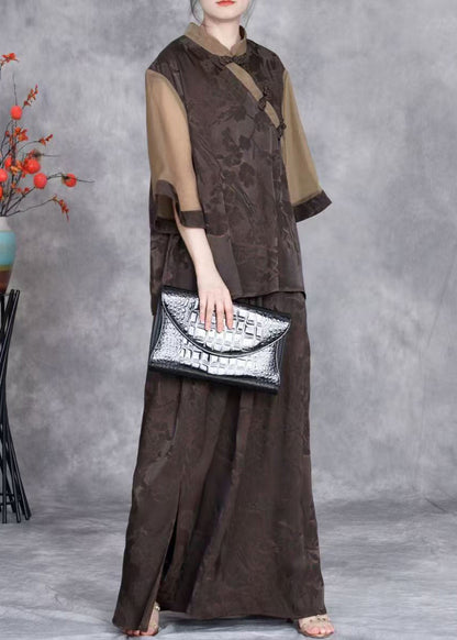 French Coffee Chinese Button Tops and Skirts Silk Two Pieces Set Summer