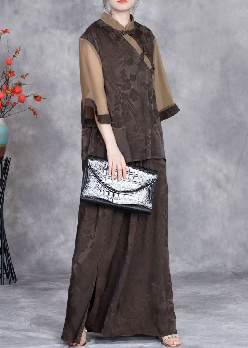 French Coffee Chinese Button Tops and Skirts Silk Two Pieces Set Summer