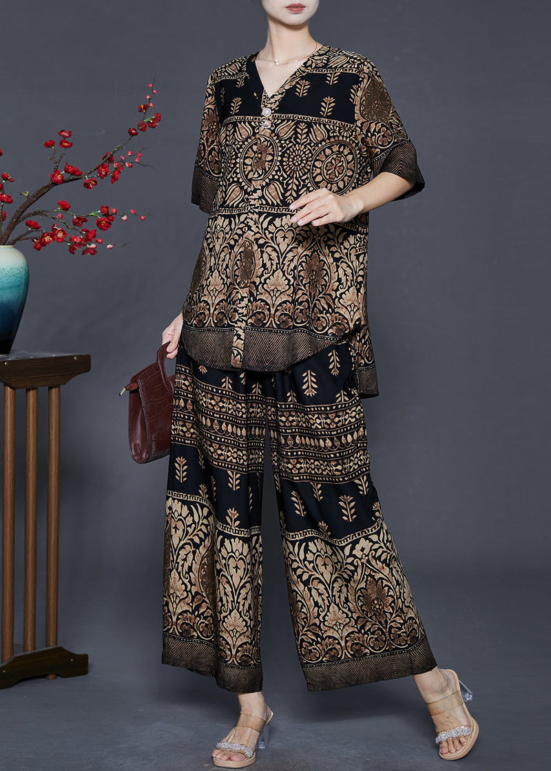 Stylish Brown V Neck Print Silk Two Piece Set Clothing Summer