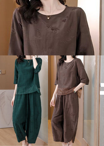 Green Oversized Patchwork Linen Two Pieces Set Spring