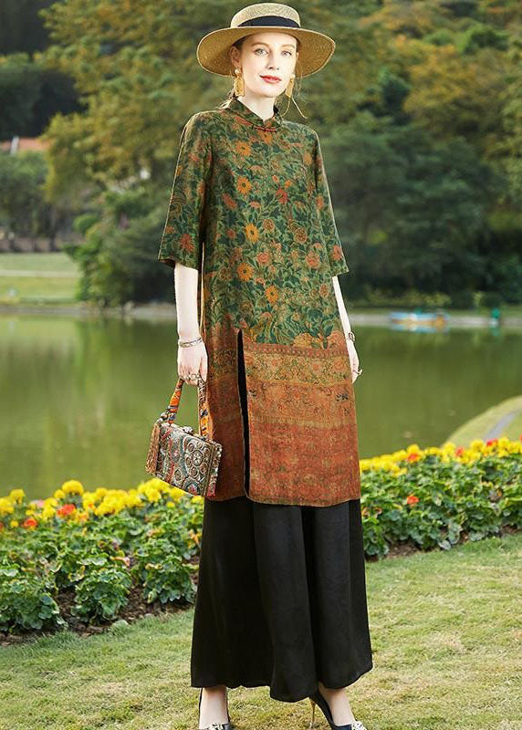Colorblock Stand Collar Tops and Pants Silk Two Pieces Set Spring