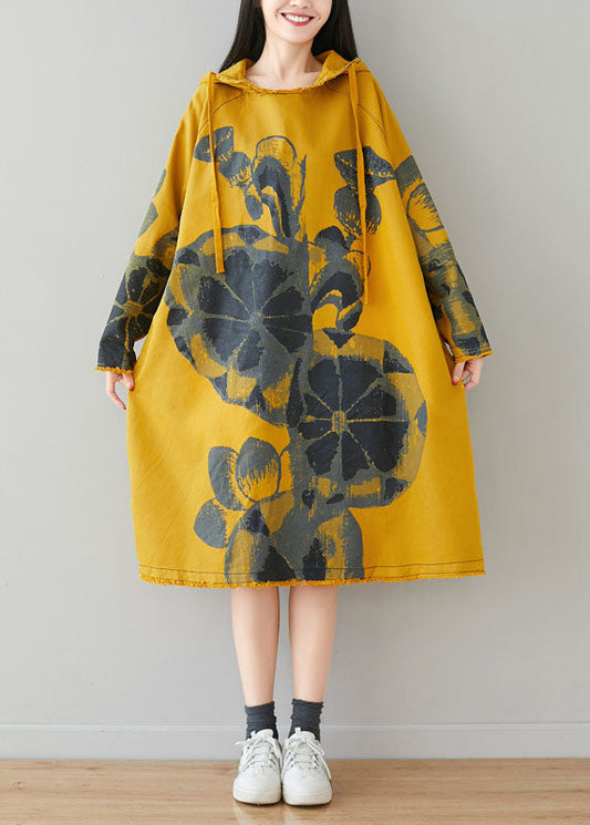 Fine Yellow Drawstring Hooded Print Pullover Dresses Spring
