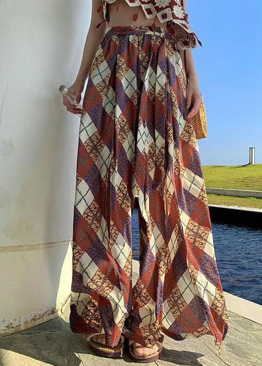 Brown Print Side Open Chiffon Wide Leg Pants Summer