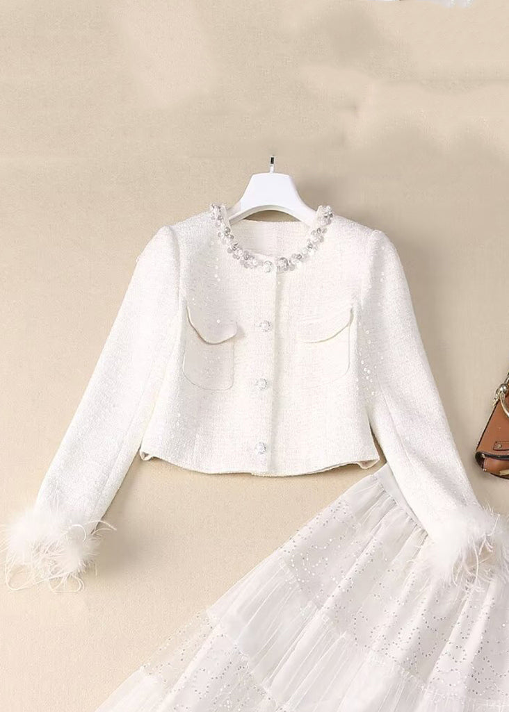 White Sequins Nail Bead Coats and Tulle Maxi Skirt Two Pieces Set Spring