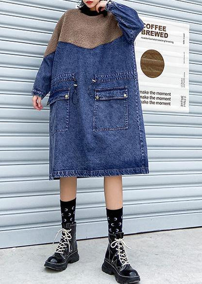 Vivid Denim Blue Clothes Patchwork Drawstring Robe Spring Dresses