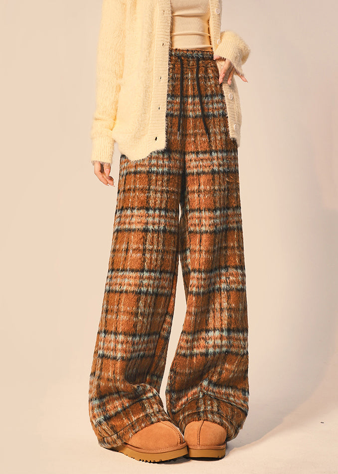 Coffee Plaid Pockets Elastic Waist Cotton Blend Wide Leg Pants Spring