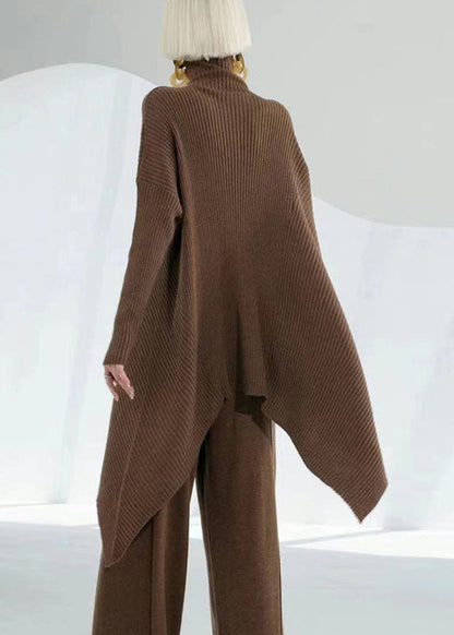 Diy Chocolate Turtle Neck Asymmetrical Wool Sweater Tops Long Sleeve Winter