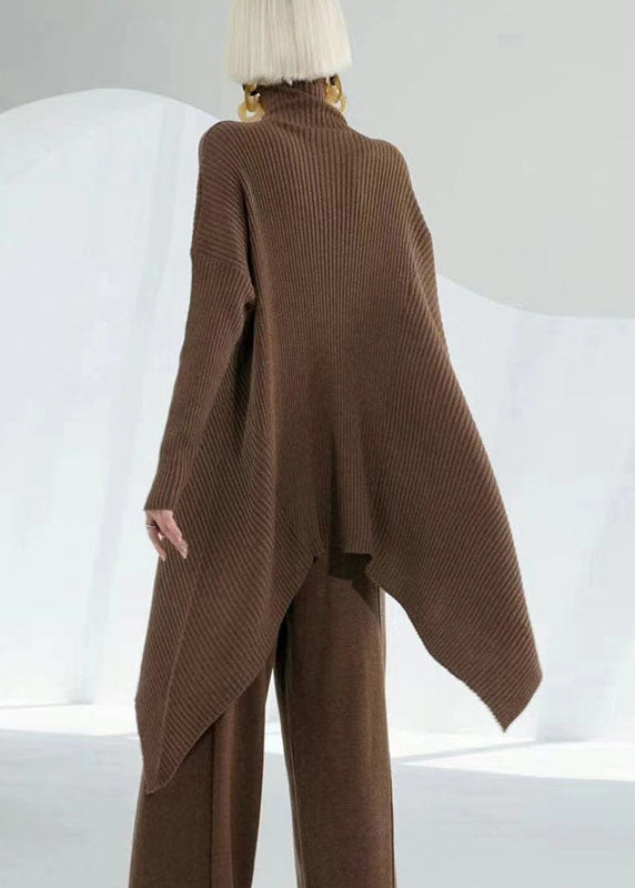 Diy Chocolate Turtle Neck Asymmetrical Wool Sweater Tops Long Sleeve Winter