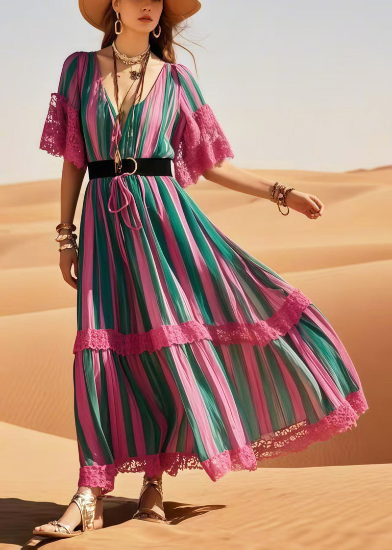 Polychrome Striped Patchwork Lace Tunic Dress Summer
