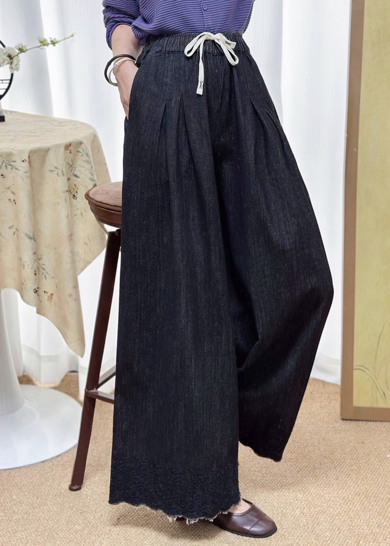Black Pockets Elastic Waist Denim Wide Leg Pants Fall
