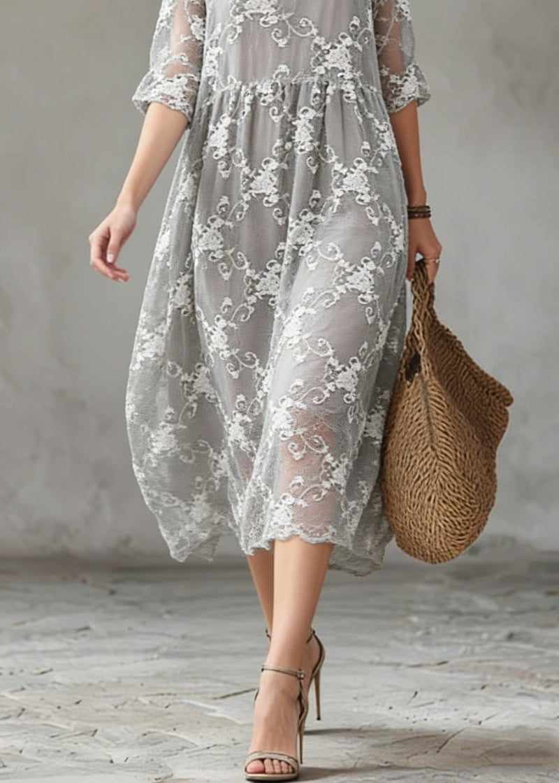 Grey O-neck Embroidered Silk Cotton Dress Summer