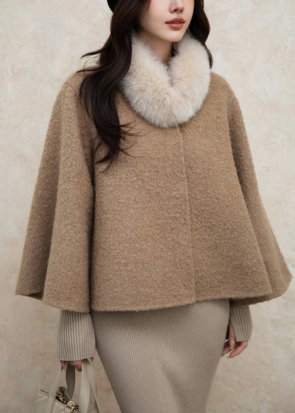 Loose Brown Fox Collar Button Woolen Coats Winter