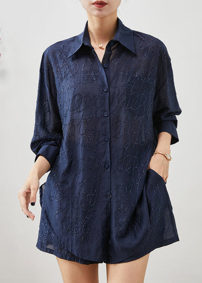 Navy Oversized Zircon Cotton Two Pieces Set Summer