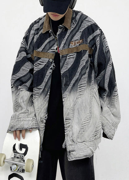 Striped Button Hole Patchwork Style Denim Coats Fall