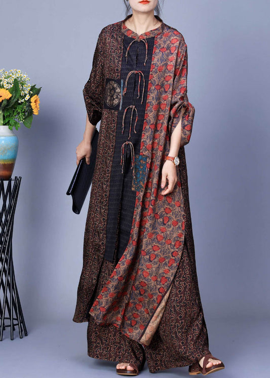 Coffee Print Tops and Wide Leg Pants Silk Two Pieces Set Spring