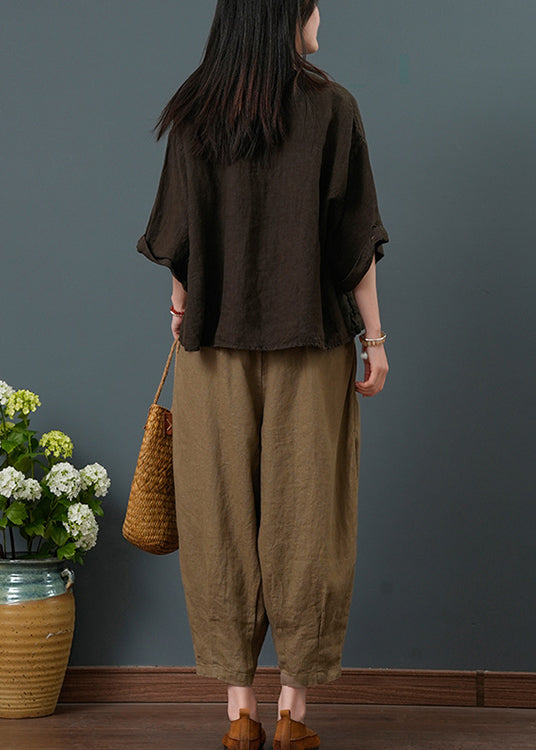 Chocolate V Neck Linen Two Pieces Set Summer