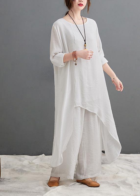 Large Size Loose Art Long White Top Wide Leg Pants Two Piece Suit for