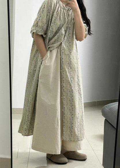Light Green Print Button Long Shirts Dress and Skirts Two Piece Set Short Sleeve