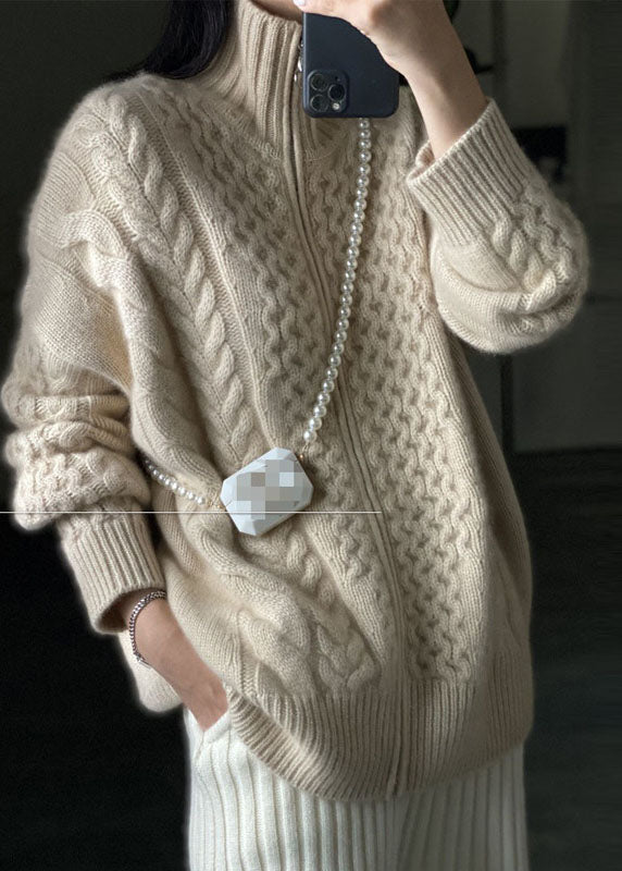Diy Beige Zip Up Woolen Knitted Tops Coat Winters