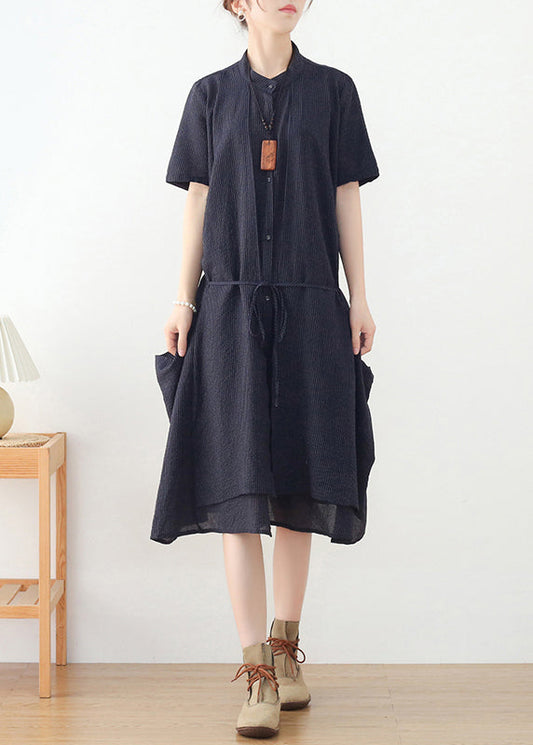 Navy Asymmetrical Design Button Linen Dress Short Sleeve