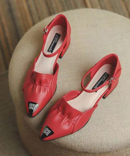 Buckle Strap Splicing Low Heel Red Faux Leather Pointed Toe