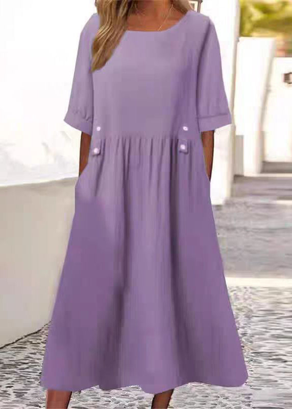 Art White O Neck Pockets Cotton Long Dress Summer