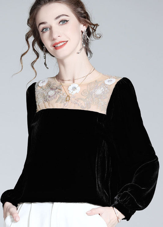 Italian Black O-neck Nail Bead Patchwork Silk Velour T Shirt Spring