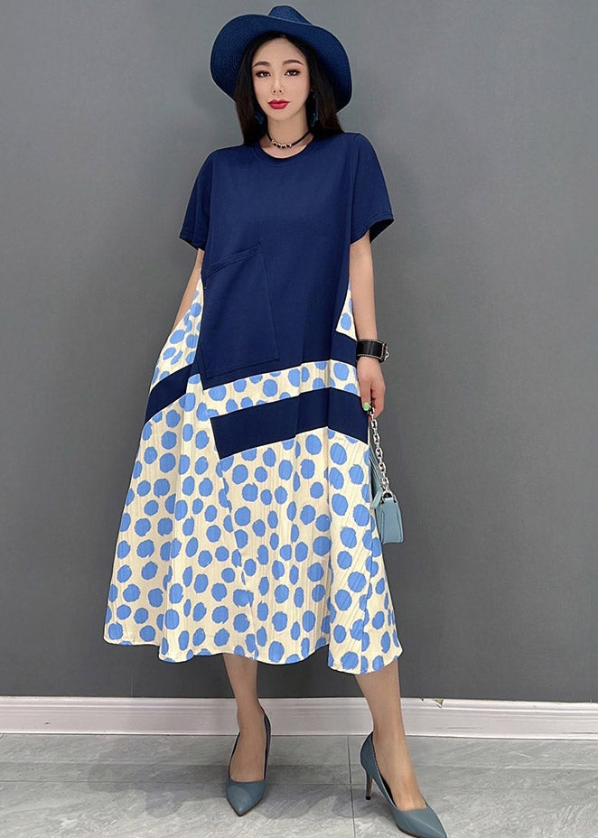 Natural Blue O-neck Patchwork Long Dress Short Sleeve