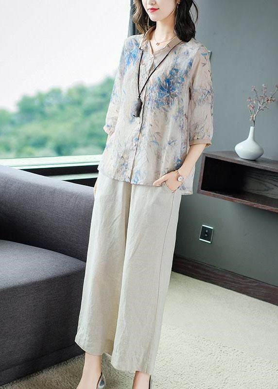 Loose Peter Pan Collar Print Linen Shirt and Wide Leg Pants Two Pieces Set Half Sleeve