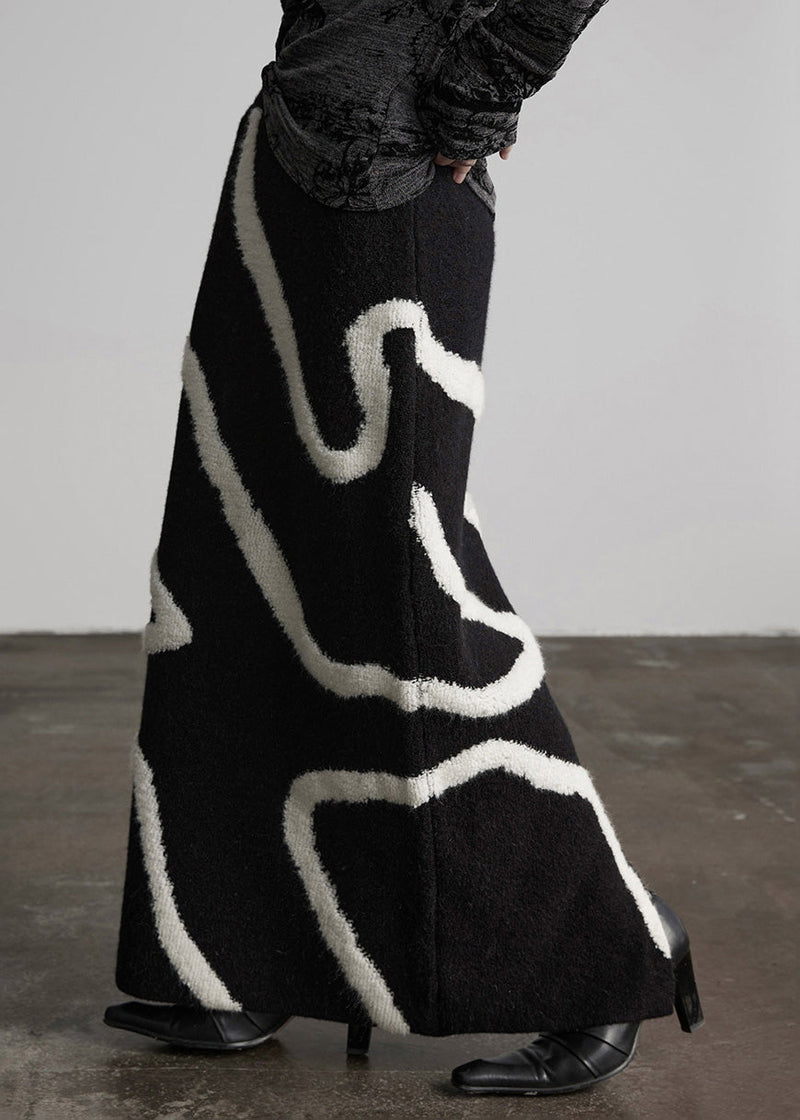 Handmade Black Elastic Waist Embroidered Knit Straight Skirt Winter