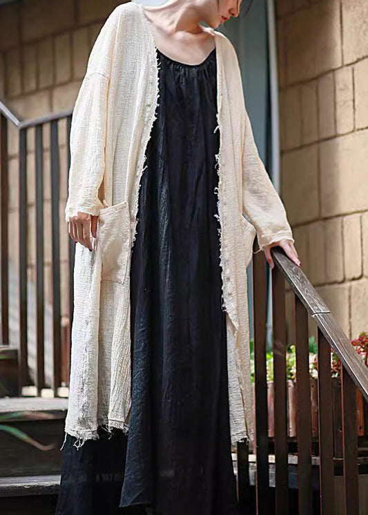 Beige Tasseled Pockets Linen Cardigan Long Sleeve