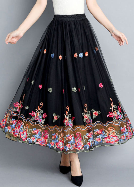 Black Embroideried Tulle Maxi Skirts Summer