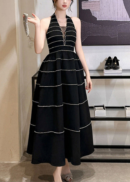 New Black V Neck Striped Zircon Backless Vacation Long Dresses Summer