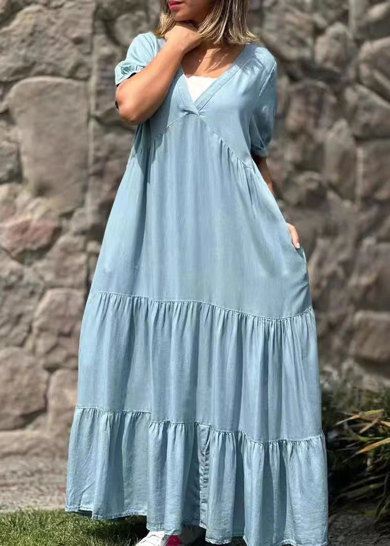 Natural Blue Oversized Patchwork Cotton Maxi Dresses Summer