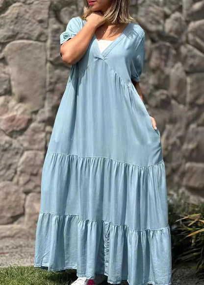 Natural Blue Oversized Patchwork Cotton Maxi Dresses Summer
