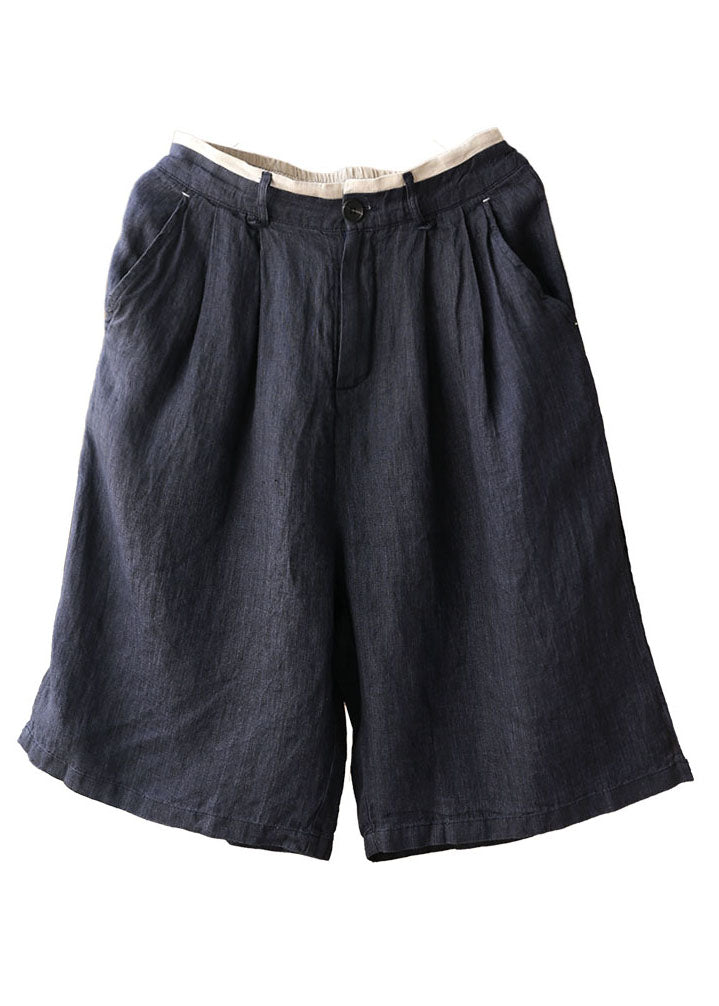 Navy Elastic Waist Pockets Linen Straight Pants Shorts Summer