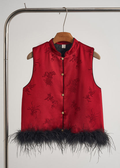 Red Jacquard Patchwork Feather Silk Vests Fall