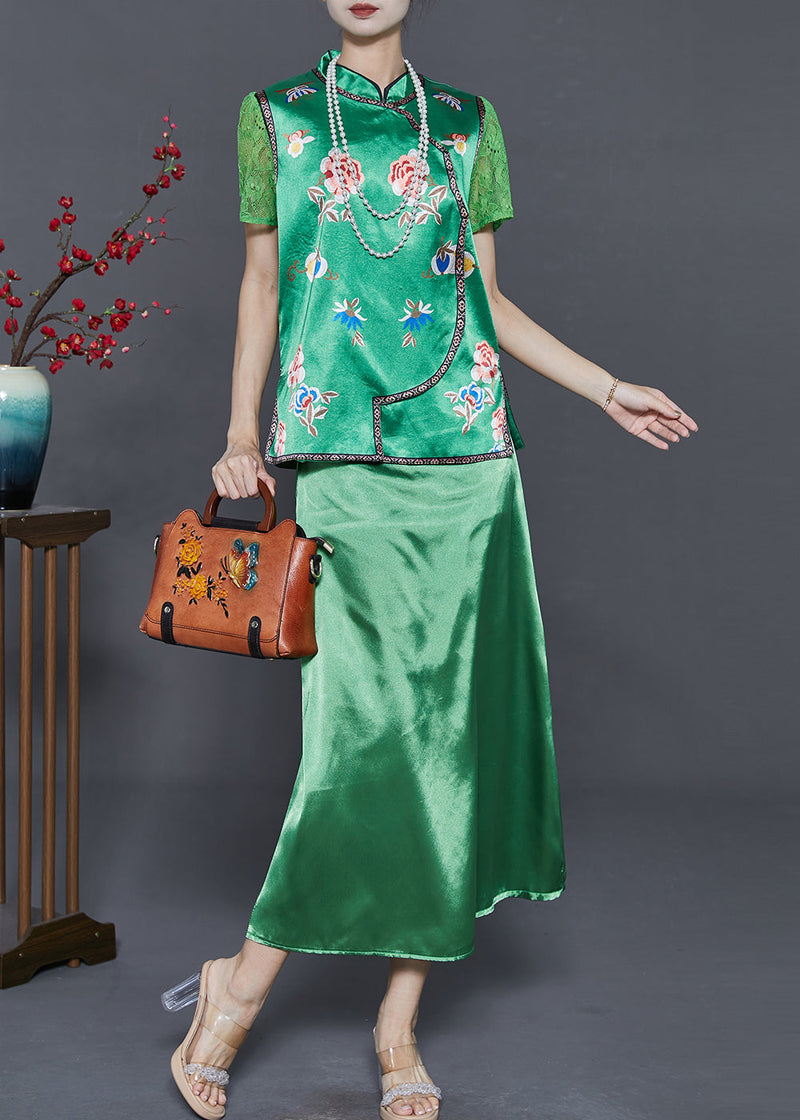 Green Embroidered Draping Silk Dresses Two Pieces Set Summer