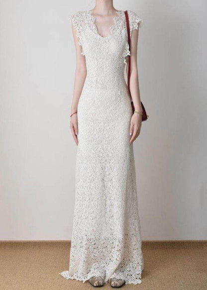Slim Fit White Holiday Lace Long Dress O-neck Short Sleeve