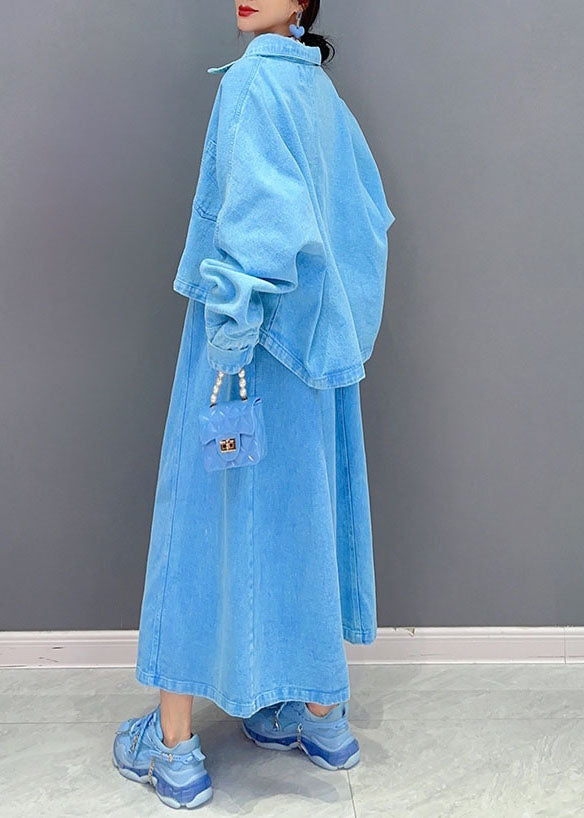 Art Blue Peter Pan Collar Patchwork Coat and Dress Denim Two Pieces Set Spring