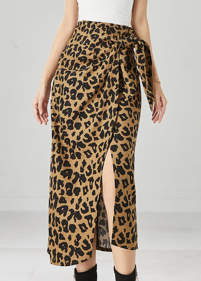 Asymmetrical Leopard Print Side Open Cotton Skirt Fall