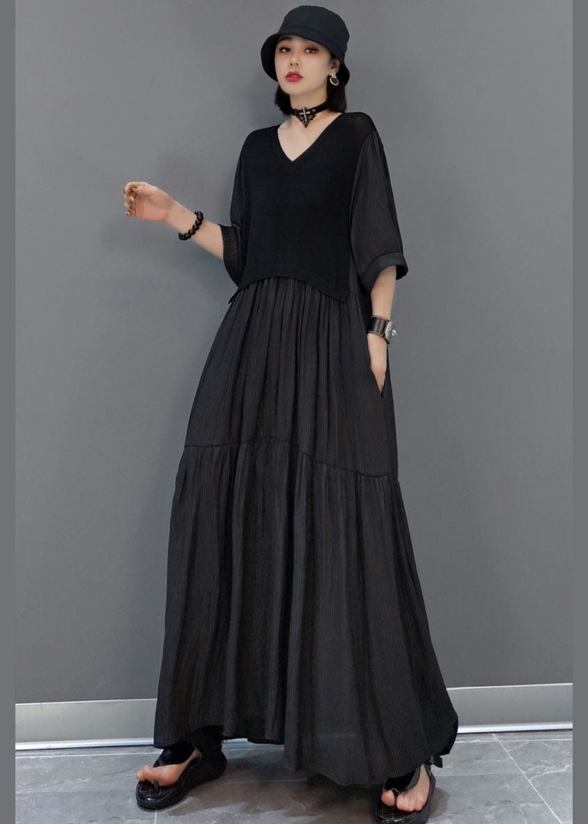 Unique Black V Neck Patchwork Long Dresses Half Sleeve