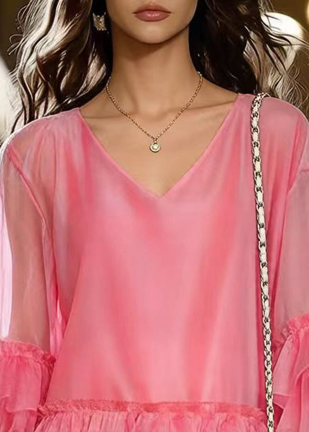 French Pink Oversized Chiffon Tea Dress Flare Sleeve