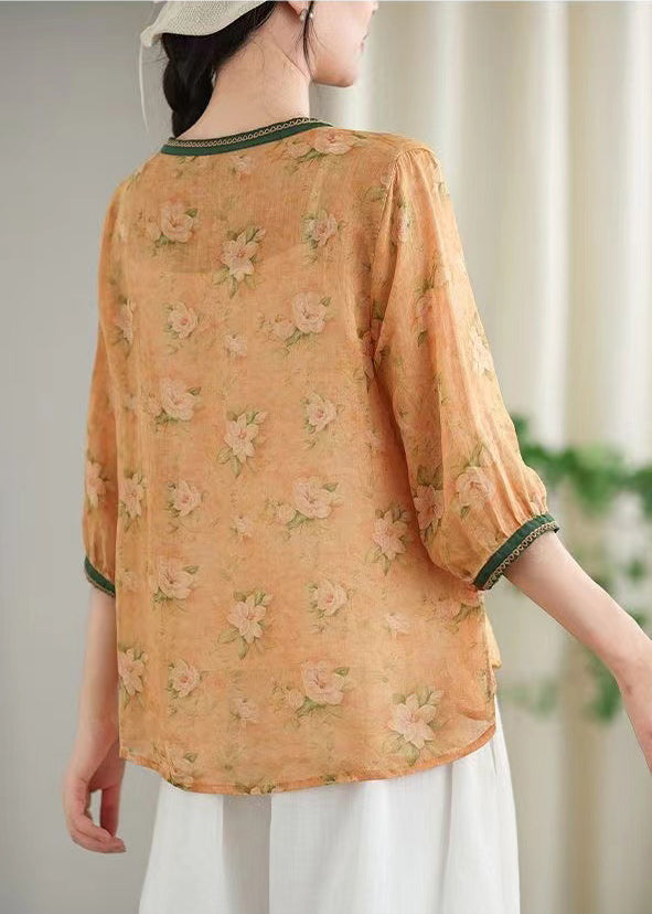 Khaki Print Lace Up Linen Blouses Spring