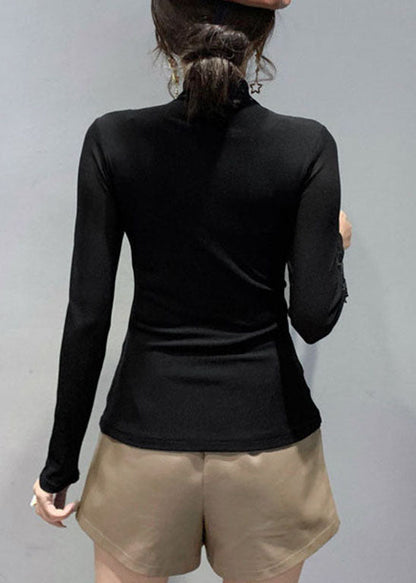 Black Stand Collar Tulle Patchwork Tops Spring