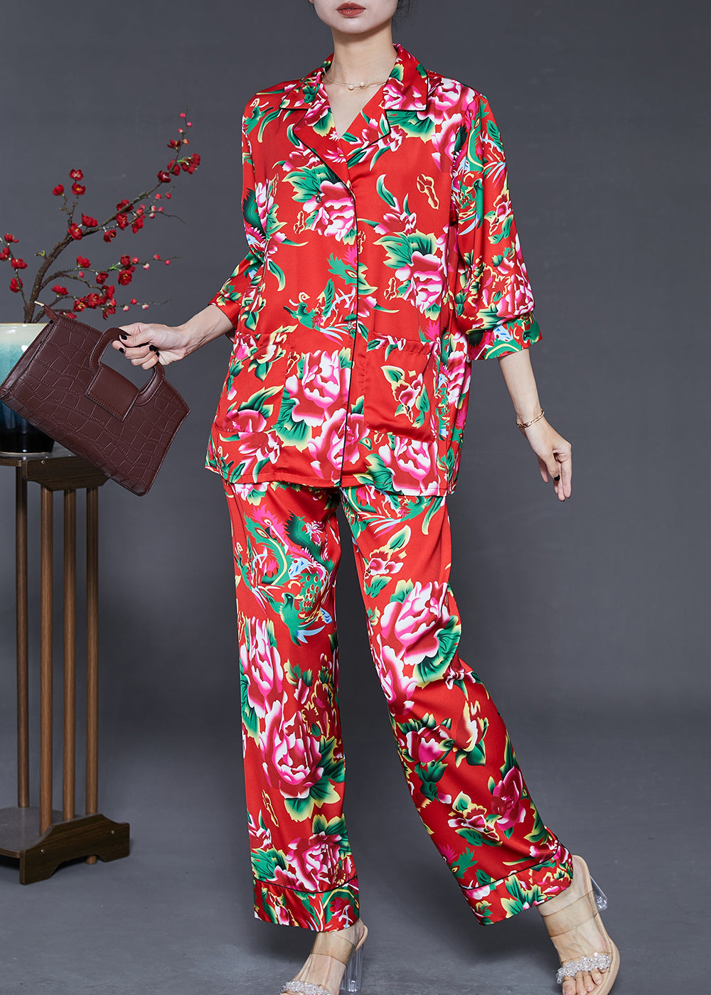 Red Peter Pan Collar Print Draping Silk Two Piece Set Fall