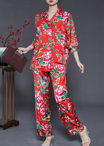 Red Peter Pan Collar Print Draping Silk Two Piece Set Fall