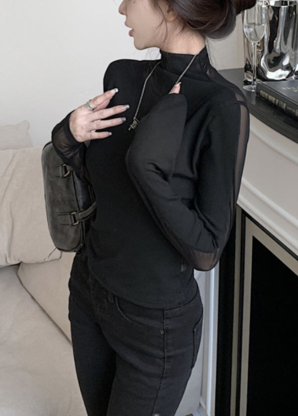 Black Turtleneck Tulle Patchwork T Shirt Long Sleeve