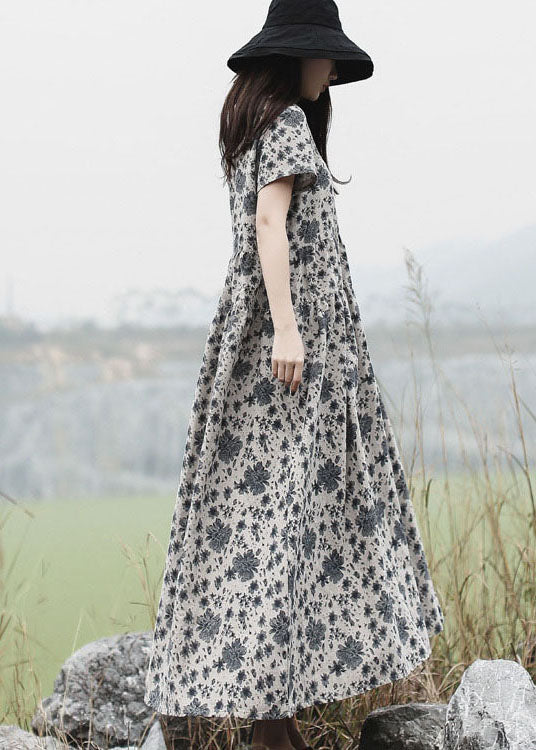 Grey O-neck Print Long Dress Short Sleeve